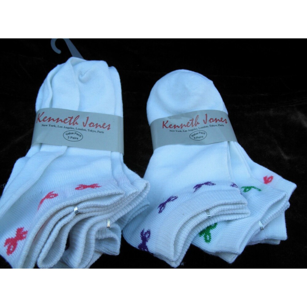 NEW (6 PAIRS) KENNETH JONES WOMEN'S ANKLE WHITE (COLOR EDGINGS) SOCKS SIZE 9-11
